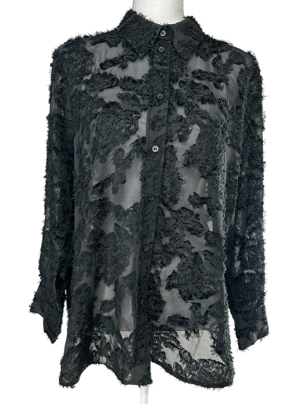 H&M / Black Sheer & Floral Textured Button Down Shirt / Large / New with tags